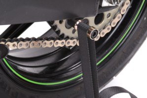 Lifting strap fitted around bobbin adapter (Conventional, twin sided swing arm bikes)